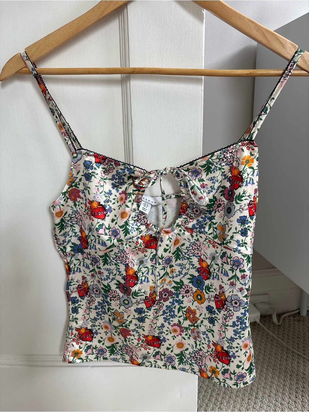 Topshop Cream Floral Tie-Front Cami with Red Accents